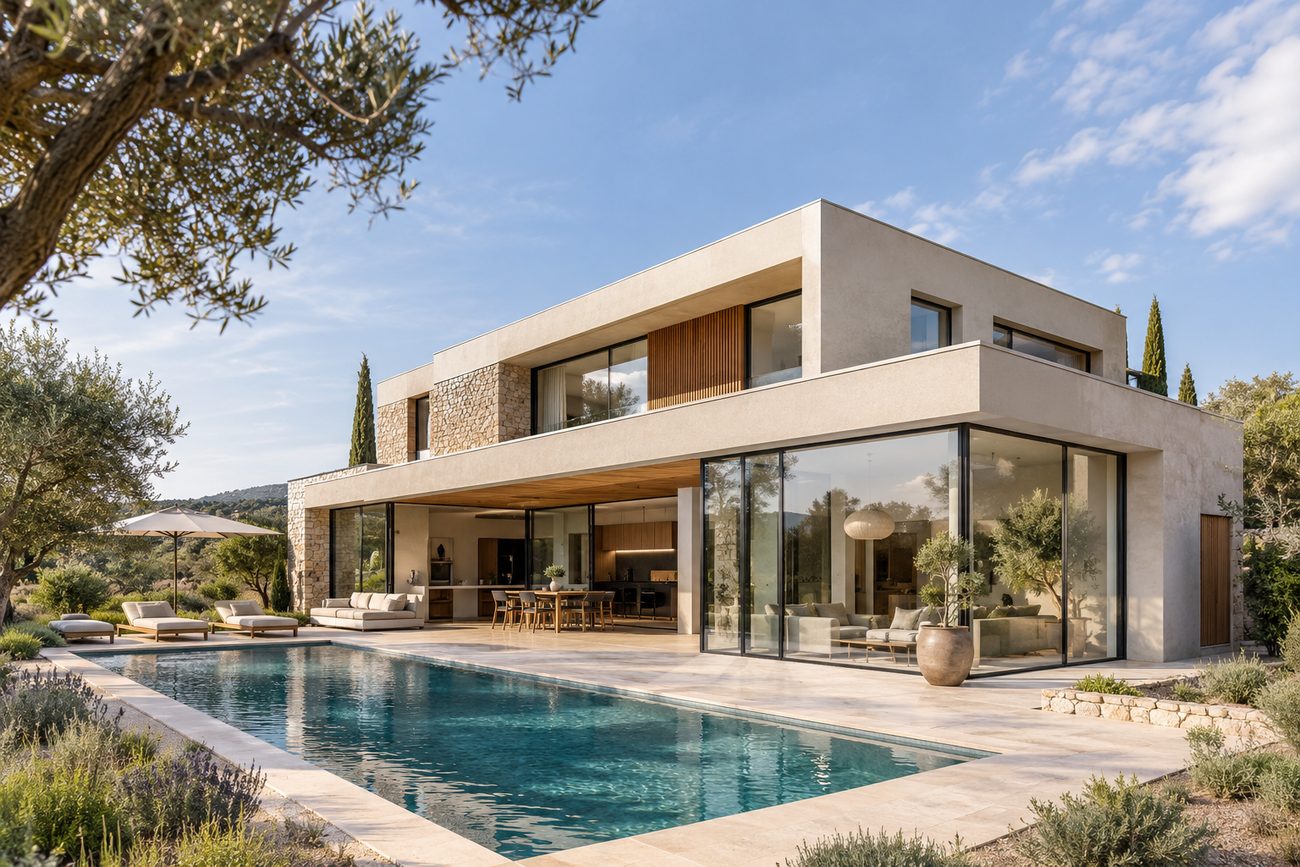 Villa avec grandes menuiseries vitrées ouvertes sur la terrasse et la piscine